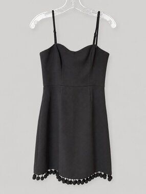 French Connection Black Mini Dress Pom Pom Hem Spaghetti Strap Size US 2
